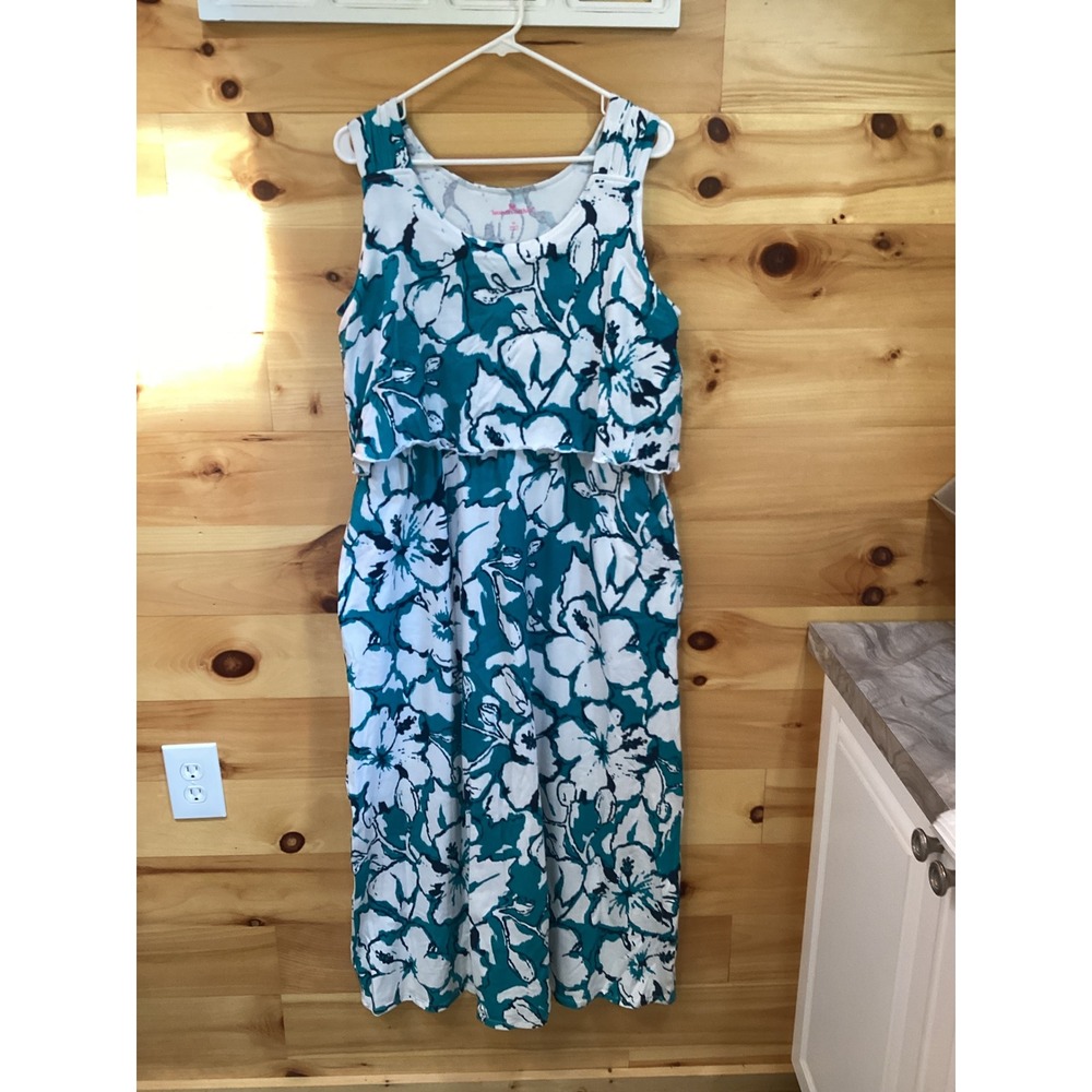 Woman Within Teal White Floral Popover Maxi Dress Sleeveless Pockets Medium